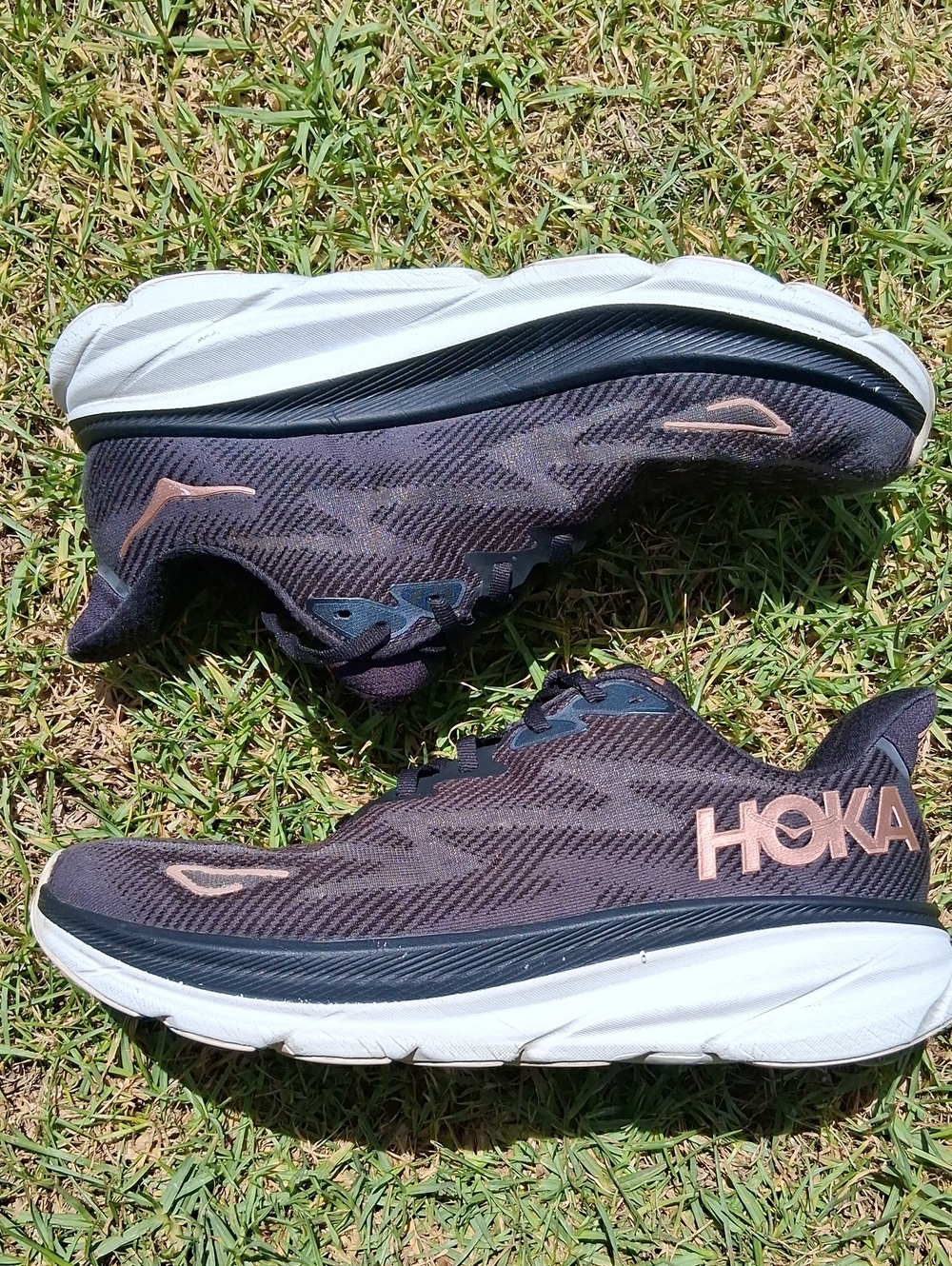 Hoka Clifton 9  Black with Rose Gold Logo Running Shoes